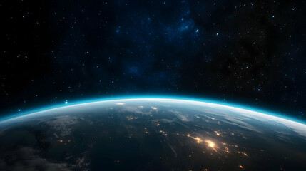 A view of the Earth from space with a blue sky and stars