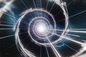 A swirling, luminous tunnel through space, suggesting travel or a wormhole.