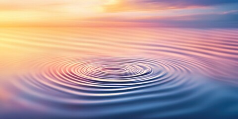 Fototapeta premium Serene Water Ripples at Sunset: A single drop creates mesmerizing concentric ripples on a calm body of water, reflecting a vibrant, multi-hued sunset sky. The image exudes tranquility and serenity.