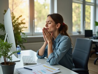Office worker practicing deep breathing exercises at desk for mindful break from work
