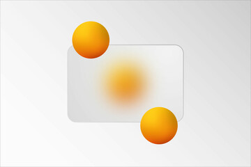 Minimalist presentation background in glass morphism style with transparent glass rectangle with blur effect. Decorated with round yellow balls. General gray background. Eps 10