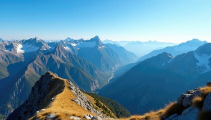 Majestic mountain range stretches far into the horizon, blue sky above, rugged, mountains, scenery