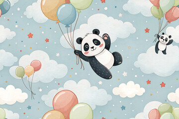 wallpaper with panda flying on balloons in the sky - seamless pattern for your design
