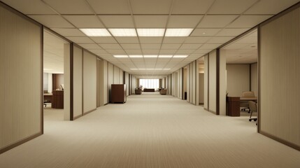 Empty office hallway with beige walls, carpet, and cubicles.