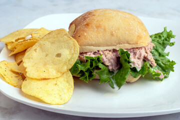 tuna and lettuce on a ciabatta roll