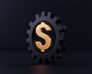 A modern dollar symbol lit within a black gear, representing finance and industry innovation.