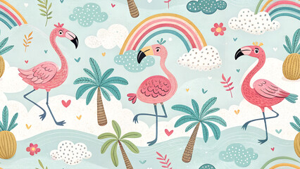 colorful seamless pattern for kids with flamingo
