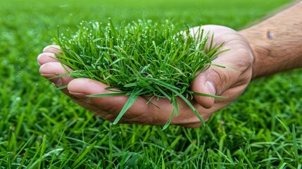 Hand holding green grass representing climate change awareness and a pollution free environment