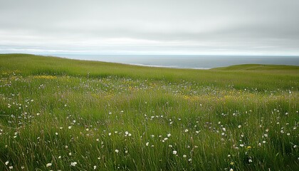 Fototapeta premium Coastal landscape with grass and sea water beach. Ocean horizon background.