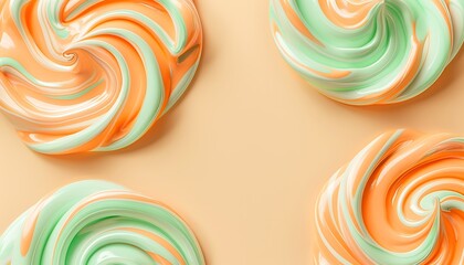 Soft pastel swirls of orange and mint green on a solid beige backdrop.