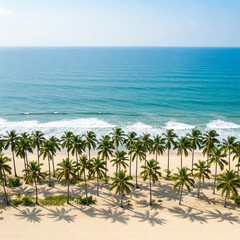 Front aerial view of a caribbean beach with stunning blue waters and white sand, palm trees line along the shore. Idyllic destination for a summer holiday.