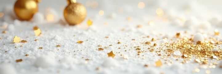 Sparkling gold glitter confetti scattered on a snowy white background, festive holiday decor, holiday ornaments, gold glitter confetti