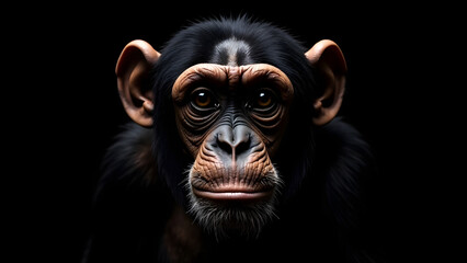 Fototapeta premium A chimpanzee sporting a beard is gazing at the camera in a dark environment