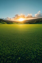 Naklejka premium Serene sunset over a lush green golf course, highlighting the tranquil landscape