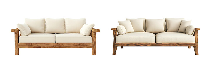 Obraz premium Collection of modern wooden sofa with cream-colored cushions isolated on a transparent background