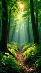 Obraz premium Sunlight casts dappled shadows on the forest floor as light filters through, foliage, nature, green