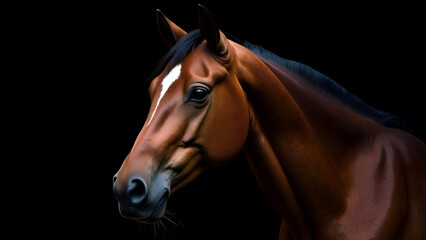 Fototapeta premium Closeup of a brown horses head on a dark background