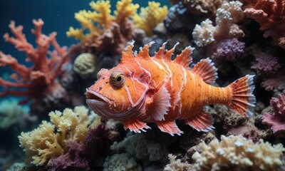 Scorpionfish resting on coral reef with seaweed, bali coral, sea creatures