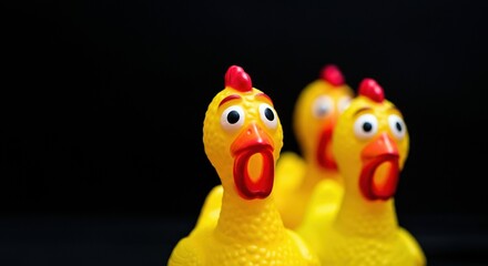 Three playful yellow rubber chickens with expressive faces on a dark background