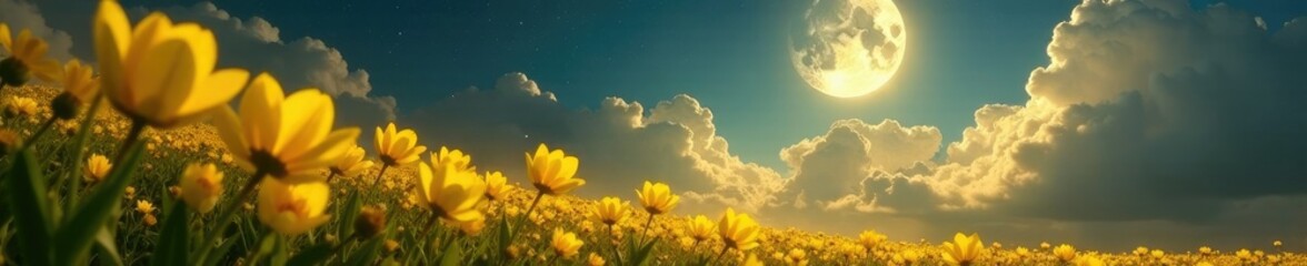 Swirling clouds of yellow petals shimmer in moonlight, cloudy, blooming