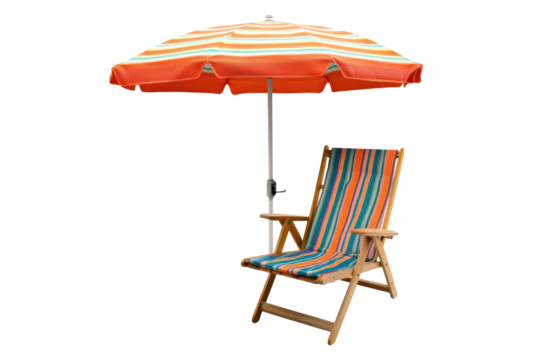 Isolated Orange Beach Umbrella with Multicolored Striped Sun Lounger