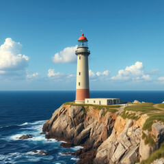 Seaside landscape with a lighthouse standing tall on the rocky shore, ocean views, lighthouse, rocky shore, scenic view