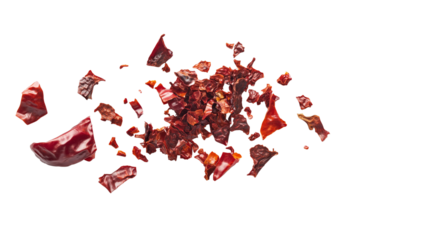 Red chili pepper pieces flying in the air , on  Transparent PNG format background.
