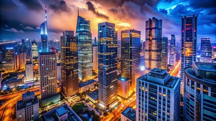 Obraz premium Night Cityscape Illuminated, Glowing Buildings, Urban Night Photography, Dark City