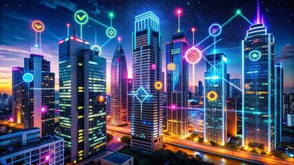 Obraz premium Night Cityscape: Neon Development & Marketing Icons Glow on Skyscrapers