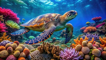 Sea turtle swimming slowly through a coral garden filled with sea anemones and colorful coral, oceanic scene, sea anemone, coral reef