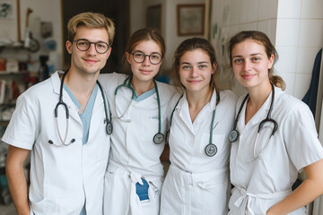 Fototapeta premium Group of young healthcare professionals smiling together in a bright hospital environment
