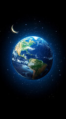 Fototapeta premium Planet Earth in space with moon and stars showing landmasses, oceans, and atmosphere under a dark starry sky