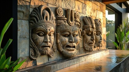 Stone Carvings of Ancient Faces on a Stone Wall