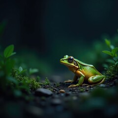 Obraz premium A frog hiding in the underbrush of a dark forest at midnight, camouflage, frog