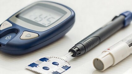 Close-Up of Blood Glucose Meter, Test Strips, and Insulin Pen for Diabetes Monitoring