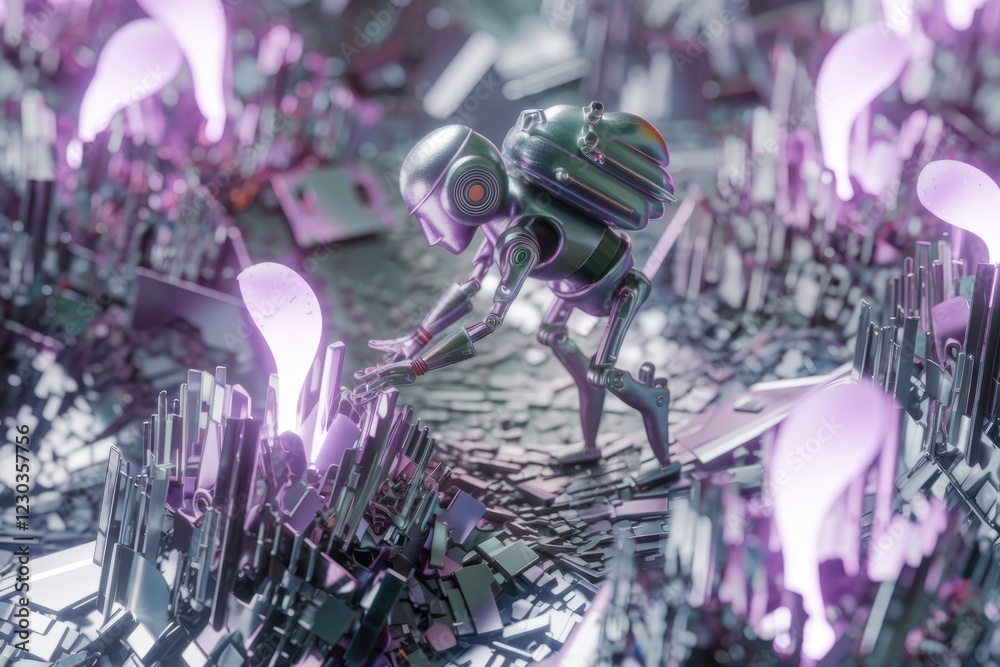 Poster a metallic robot carefully interacts with glowing, ethereal entities amidst a fragmented, futuristic