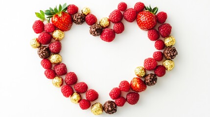 A heart-shaped frame made of strawberries and raspberries, decorated with edible gold leaf and tiny chocolate truffles, isolated on white background