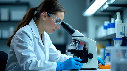 A female medic looking through a microscope