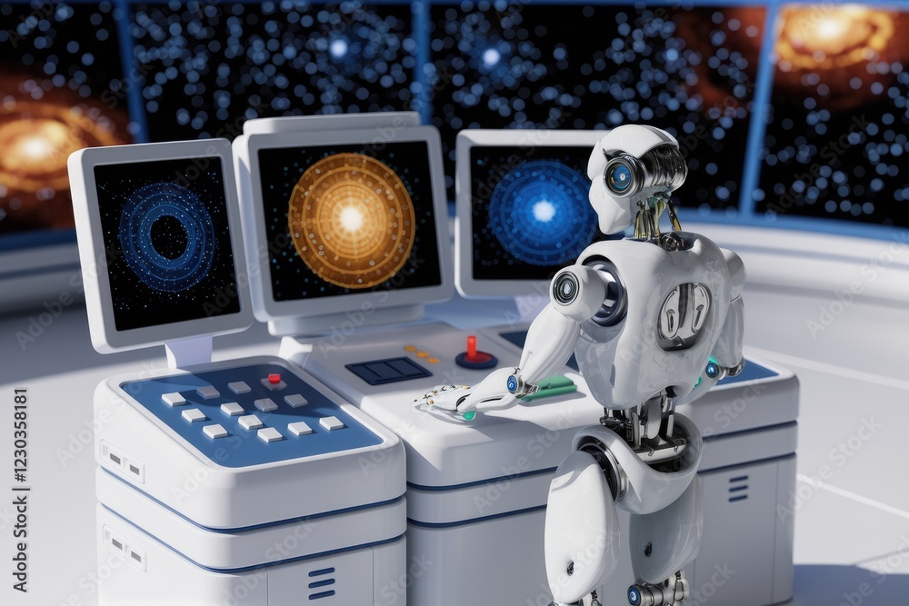 Poster a white robot operates a futuristic control panel displaying cosmic imagery, suggesting advanced tec