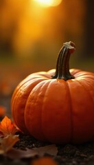 Warm golden light shines on the pumpkin's curve, warm tones, autumnal colors, natural