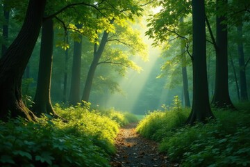 Obraz premium A serene forest glade bathed in soft natural light, serenity, foliage