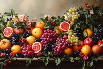 Abundant Still Life of Fruit and Blossoms