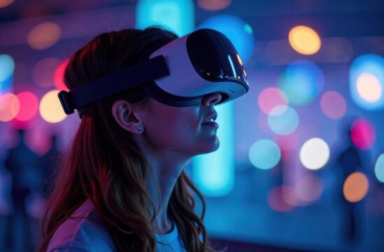 Portrait of amazed young woman in a VR headset explores the metaverse's virtual space. Gaming and futuristic entertainment concept. High quality photo