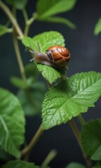 Small snail crawling slowly on a fresh mint leaf , small creatures, insectivores