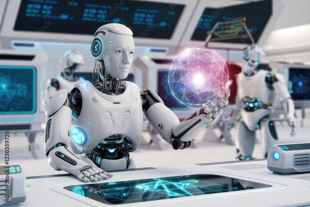 Poster A humanoid robot in a futuristic lab interacts with a holographic sphere, showcasing advanced AI and robotics.