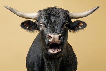 Naklejka premium the bull is scared. shock. on a plain colored background. frightened facial expression. fear, hair on end