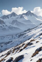 snowy hillside with a view of the distant snow-capped peaks, snow, cold, serene