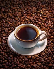 Fototapeta premium Taza de café, sobre una montaña de granos de café arabica tostados.