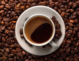 Fototapeta premium Taza de café, sobre una montaña de granos de café arabica tostados.