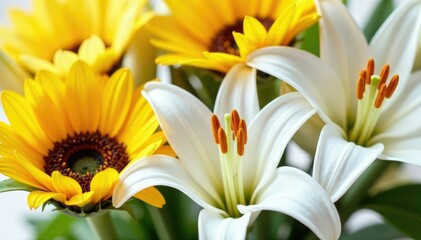 Obraz premium Freshly picked bouquet of white lilies and yellow sunflowers, bouquet, petals